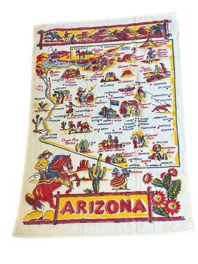 Vintage 1960’s Arizona Souvenir Tea Towel with Southwestern Map